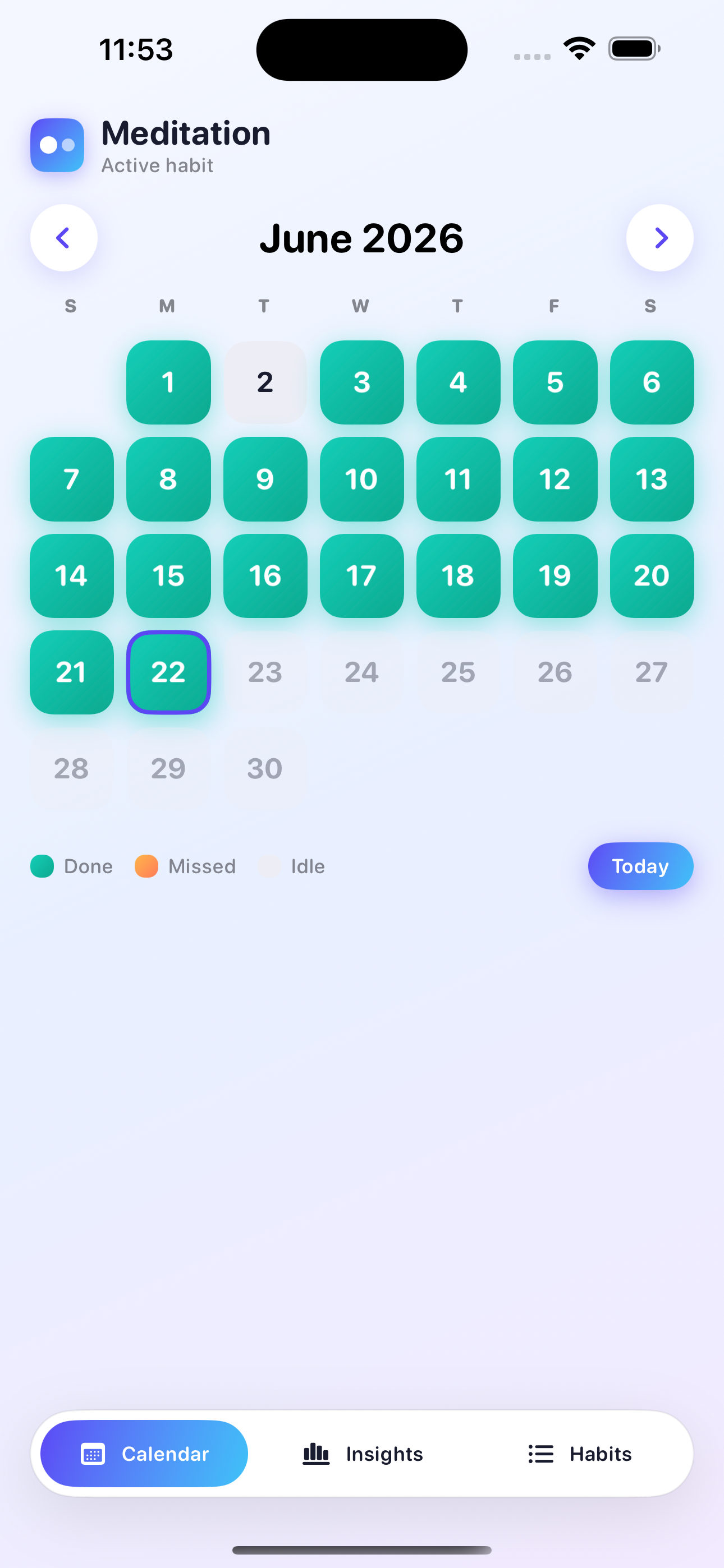 HabitCalendar calendar view filling in as days are marked done