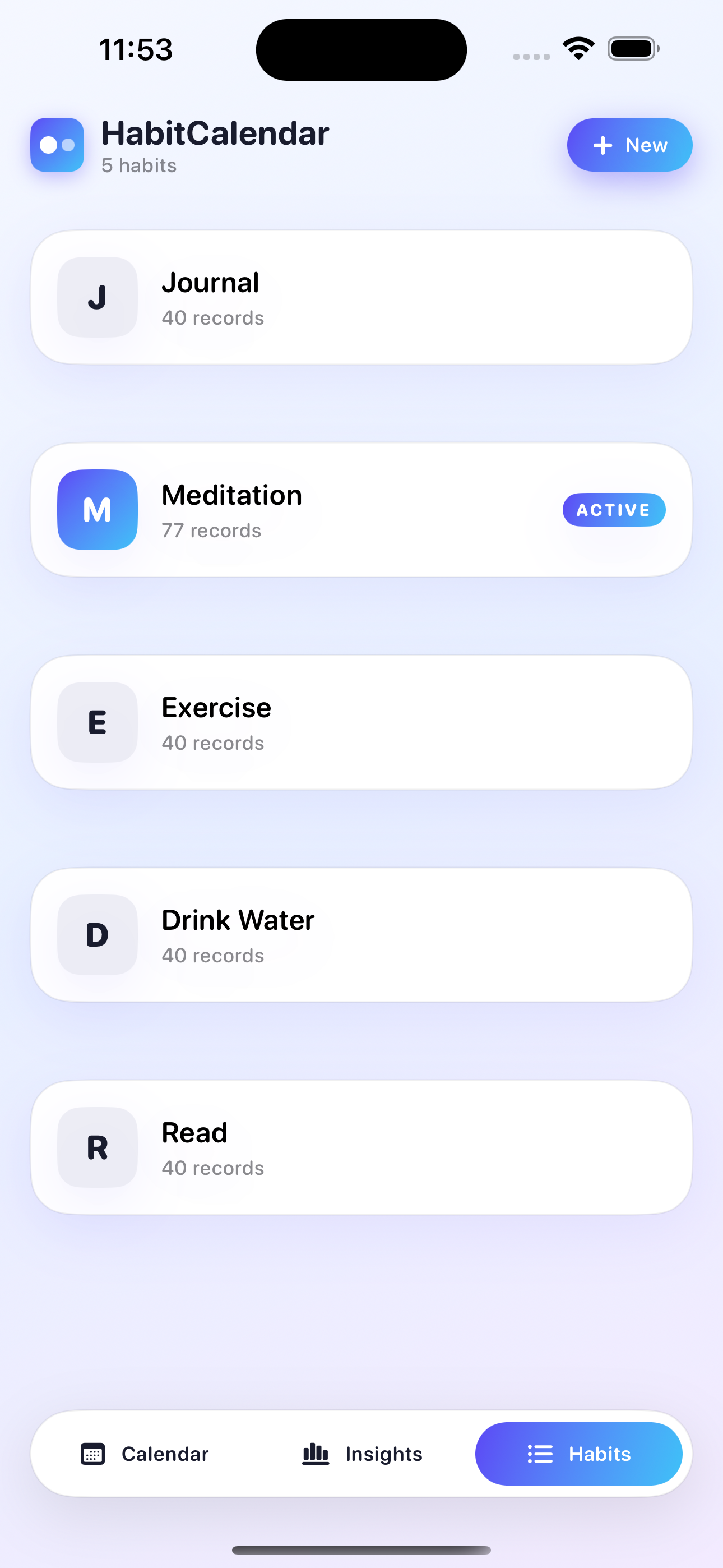 Habits list showing Journal, Meditation, Exercise, Drink Water and Read
